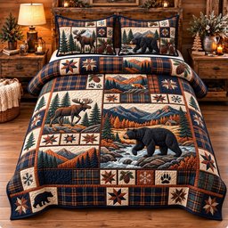 Northern Forest Patchwork 3 Piece Quilted Bedding Set Gift For Nature Lovers