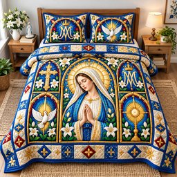 Virgin Mary Mercy Christian 3 Piece Quilted Bedding Set Gift For Christians