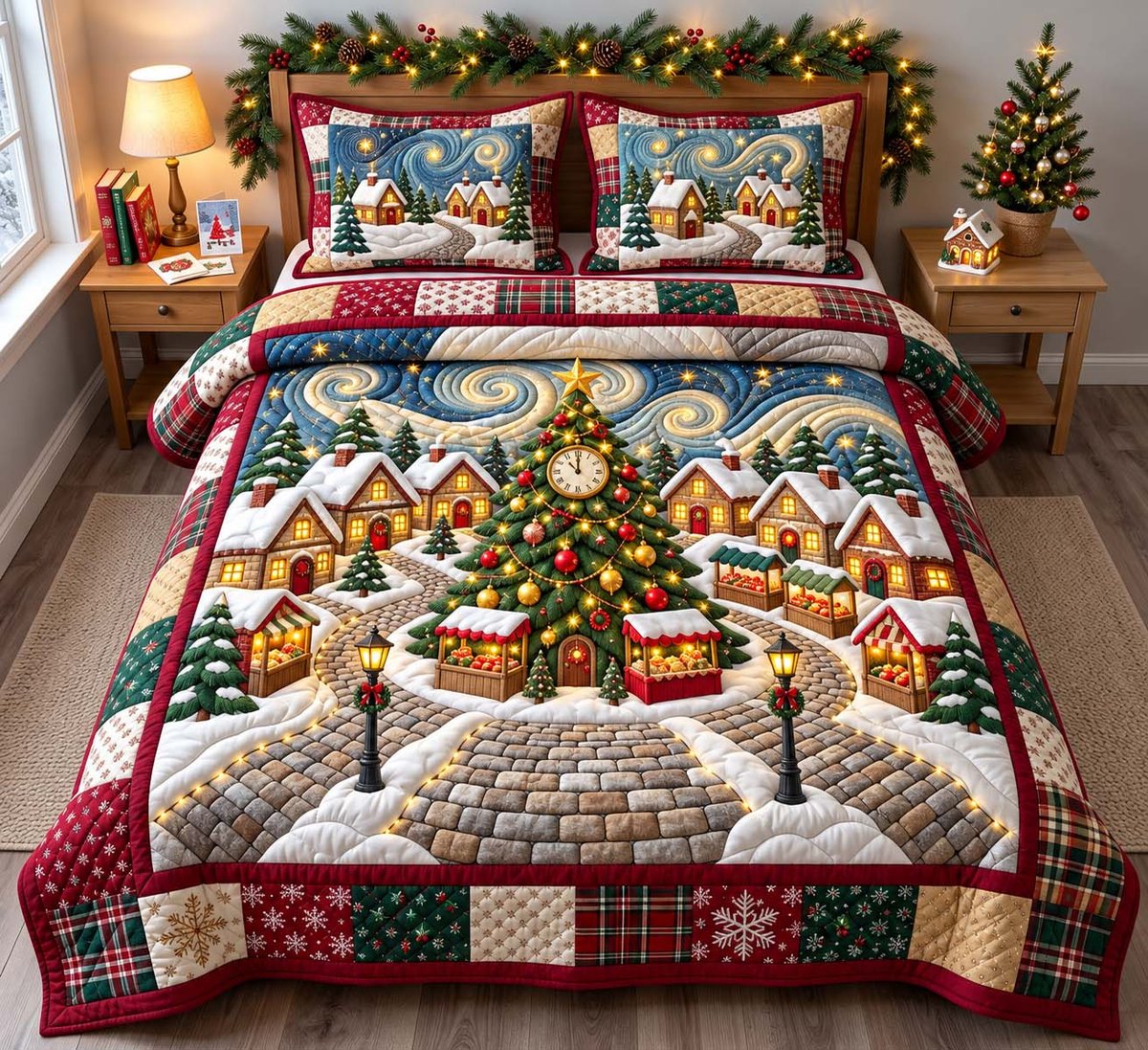 Market Village 3 Piece Quilted Bedding Set Christmas Gift For Holiday Decor Lovers
