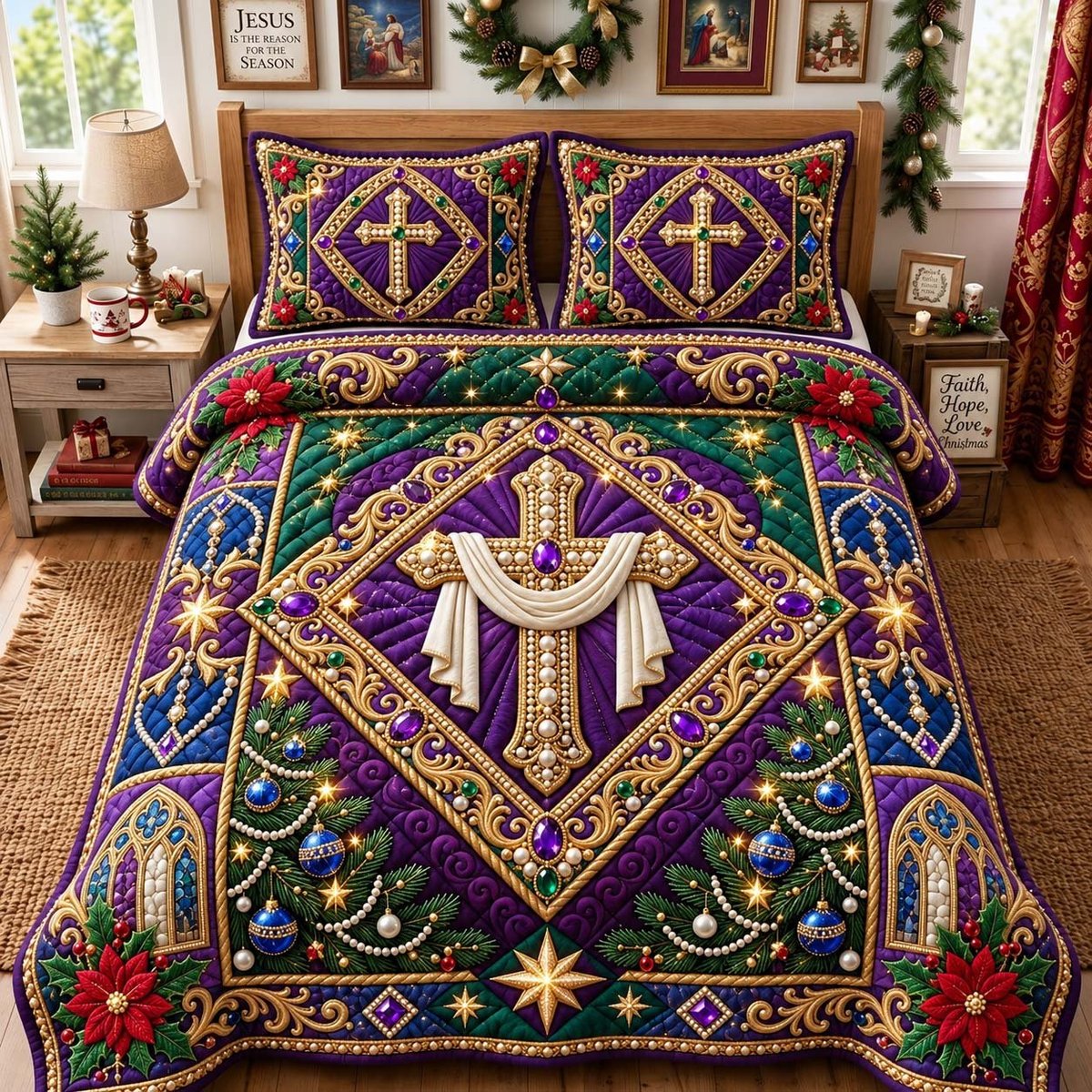 Royal Purple Faith Cross 3 Piece Quilted Bedding Set Gift For Christians