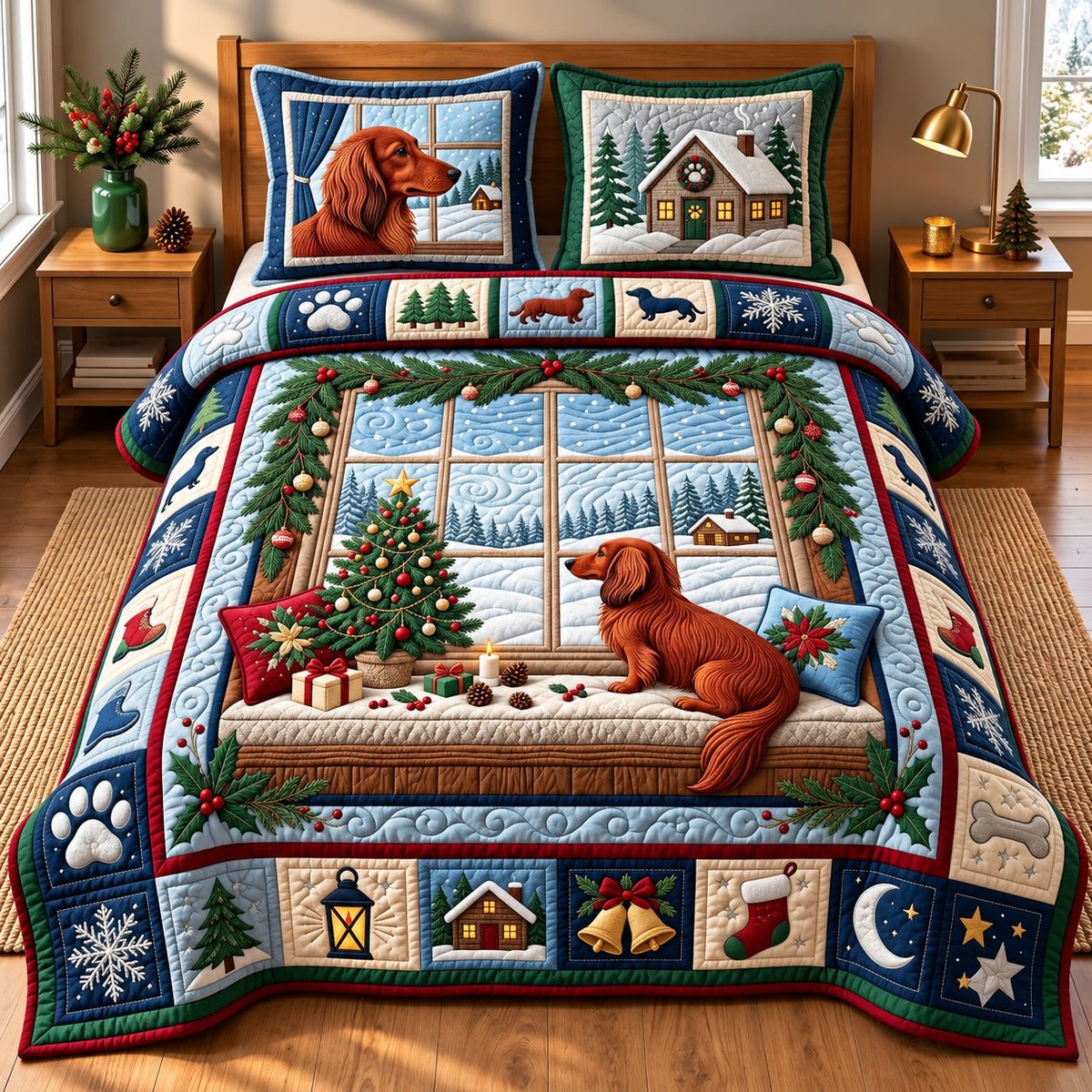 Weenie Window Dog 3 Piece Quilted Bedding Set Christmas Gift For Holiday Decor Lovers