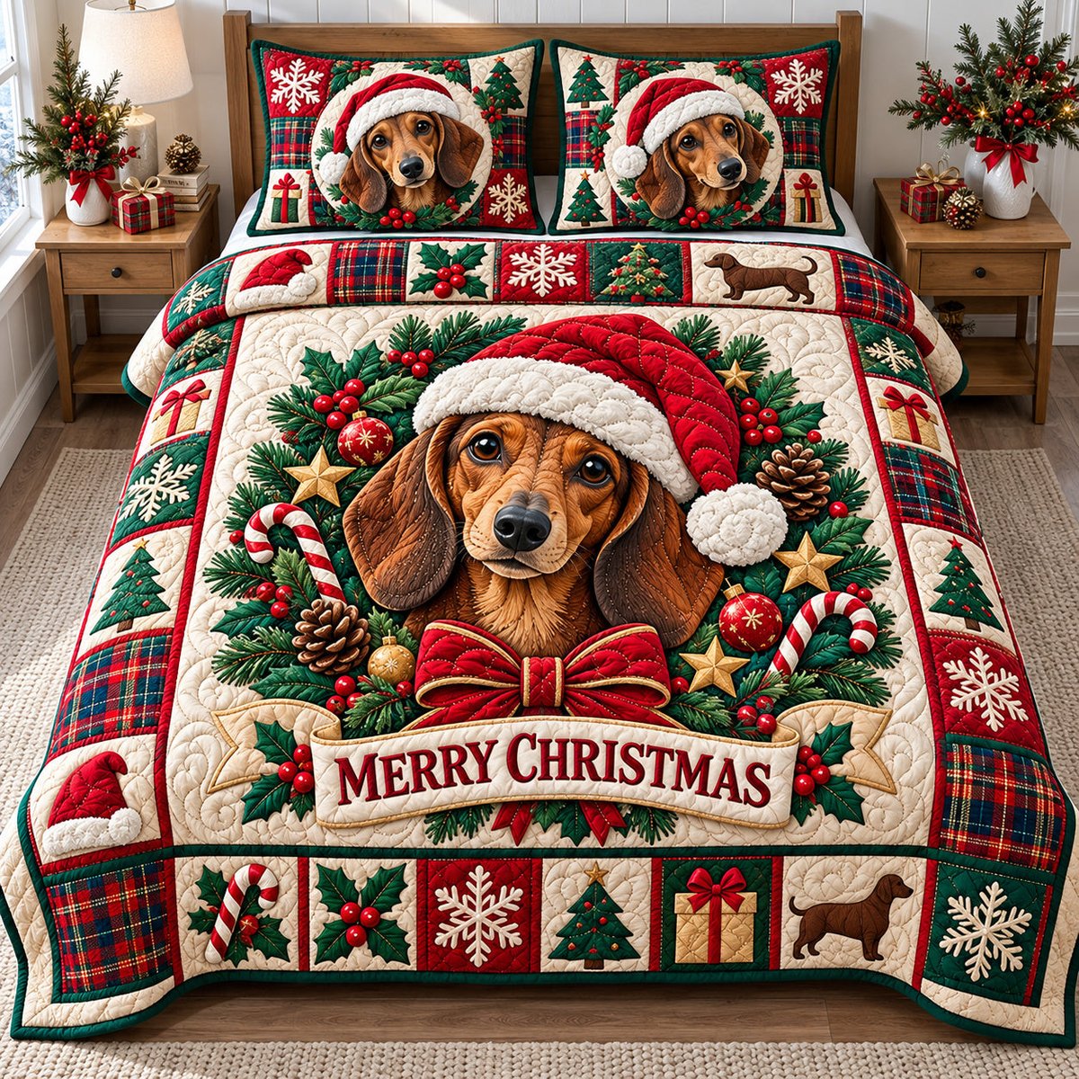 Dachshund Cheer Dog 3 Piece Quilted Bedding Set Christmas Gift For Dog Lovers