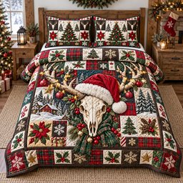 Deer Skull Patchwork 3 Piece Quilted Bedding Set Christmas Gift For Hunters