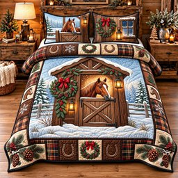 Snowy Horse 3 Piece Quilted Bedding Set Gift For Horse Lovers