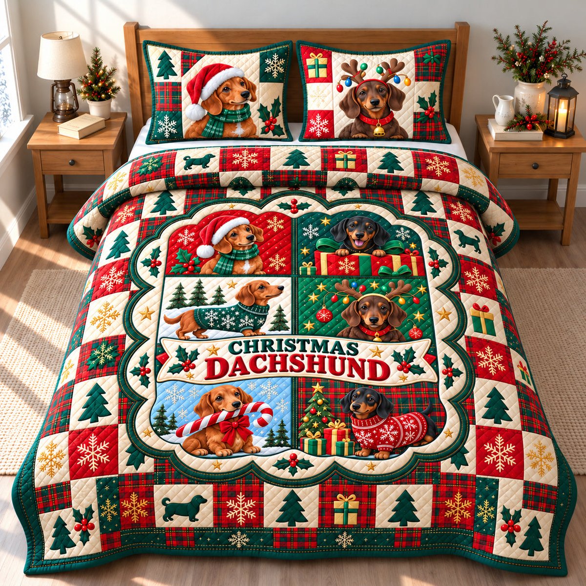 Dachshund Joy Dog 3 Piece Quilted Bedding Set Christmas Gift For Dog Lovers