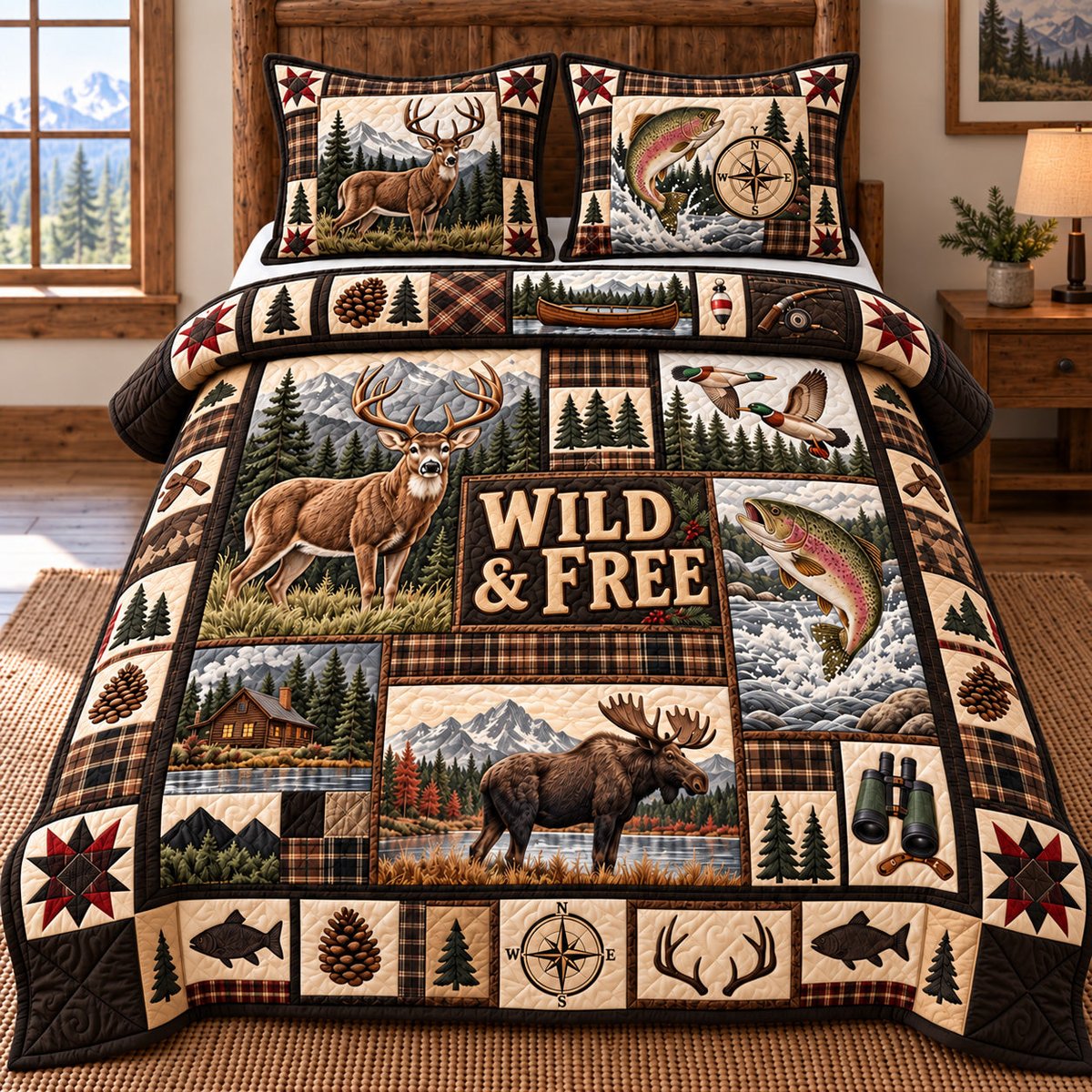 Hunting and Fishing Patchwork 3 Piece Quilted Bedding Set Gift For Hunters