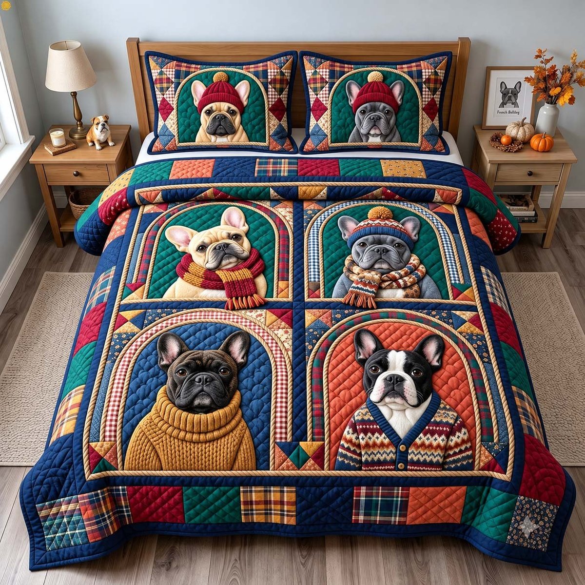 Cozy Frenchie Portraits 3 Piece Quilted Bedding Set Gift For Dog Lovers