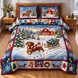Happy Weenie Dog 3 Piece Quilted Bedding Set Gift For Dog Lovers