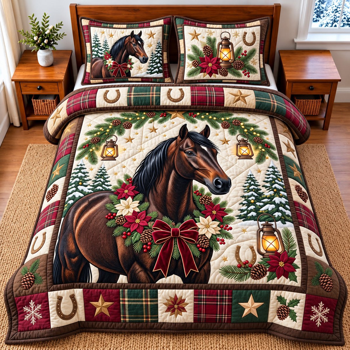 Snowy Horse 3 Piece Quilted Bedding Set Gift For Horse Lovers