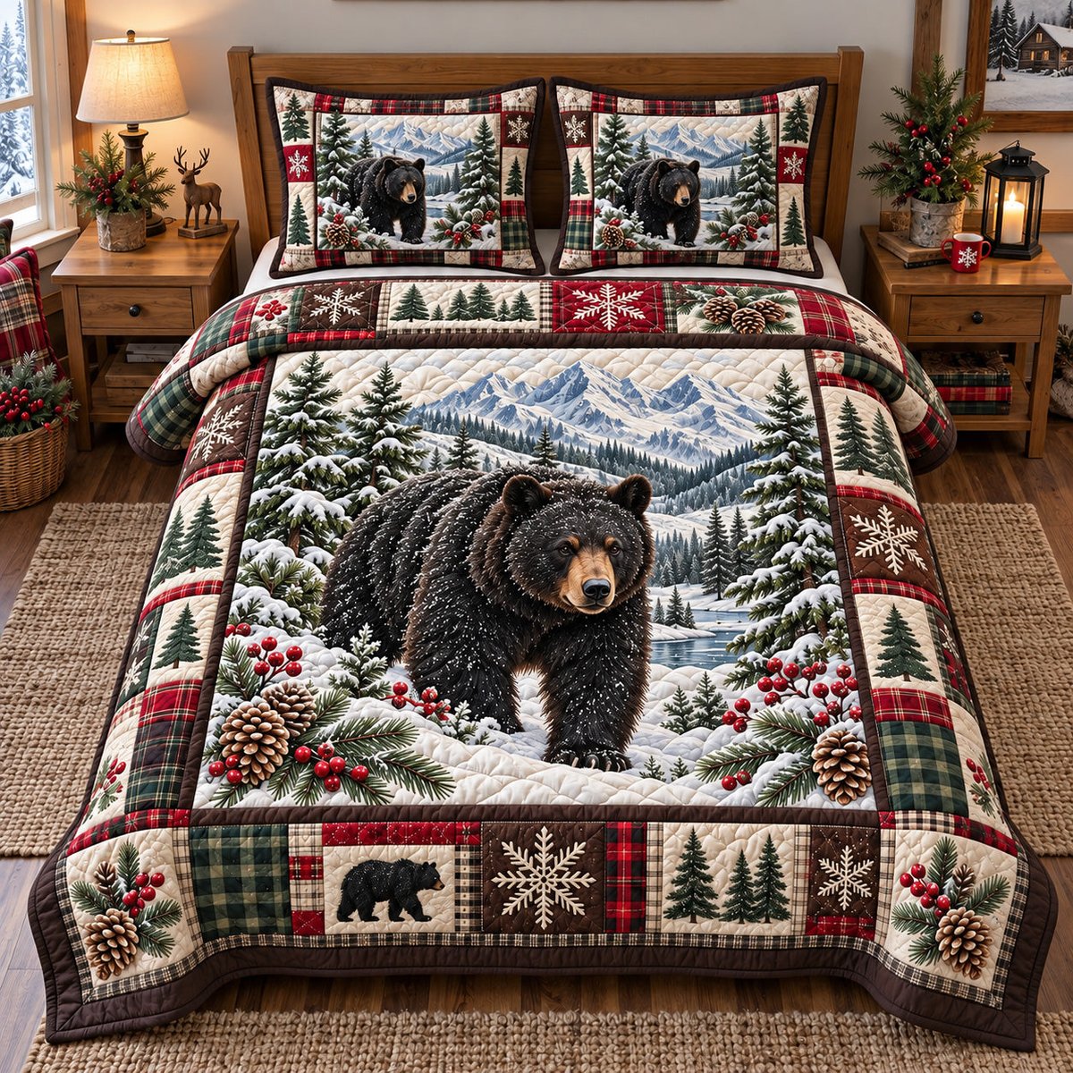 Forest Black Bear Patchwork 3 Piece Quilted Bedding Set Gift For Bear Lovers