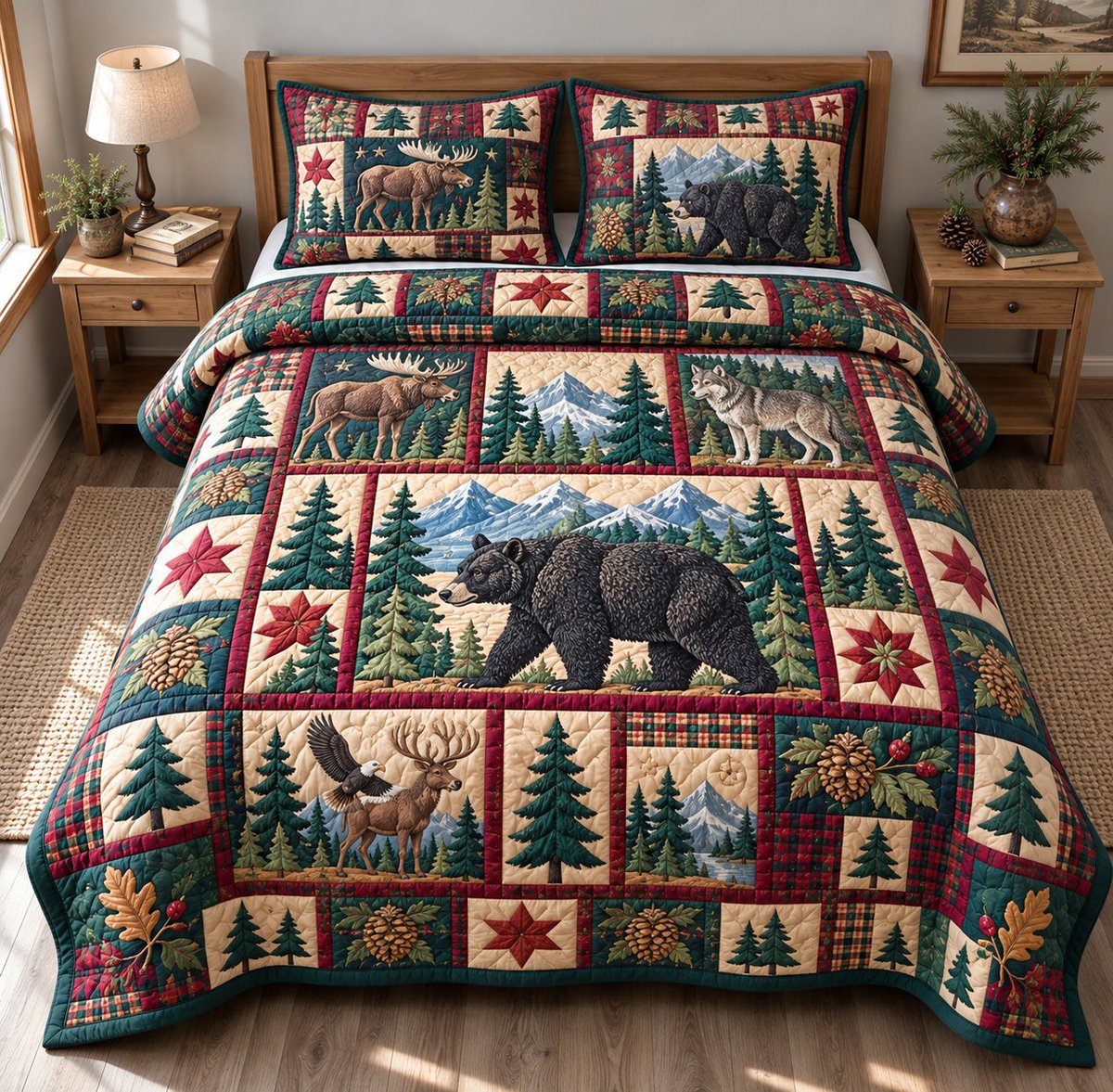 Rustic Woodland Serenity 3 Piece Quilted Bedding Set Gift For Nature Lovers