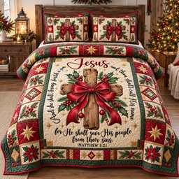 Jesus Cross 3 Piece Quilted Bedding Set Christmas Gift For Christians