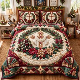 Holy Wreath Cross Christian 3 Piece Quilted Bedding Set Gift For Christians