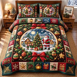 Santa Claus 3 Piece Quilted Bedding Set Christmas Gift For Holiday Decor Lovers