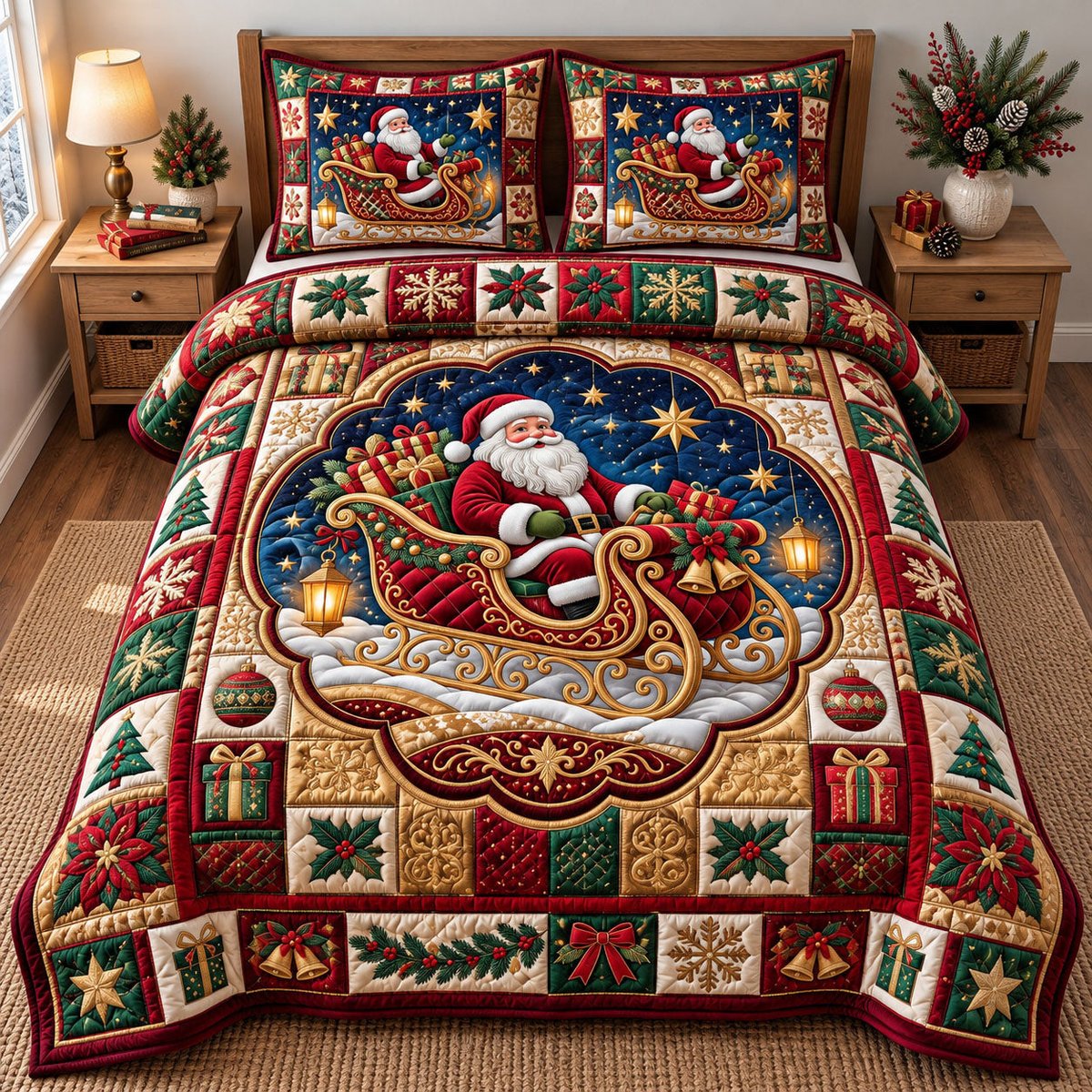 Santa Claus 3 Piece Quilted Bedding Set Christmas Gift For Holiday Decor Lovers