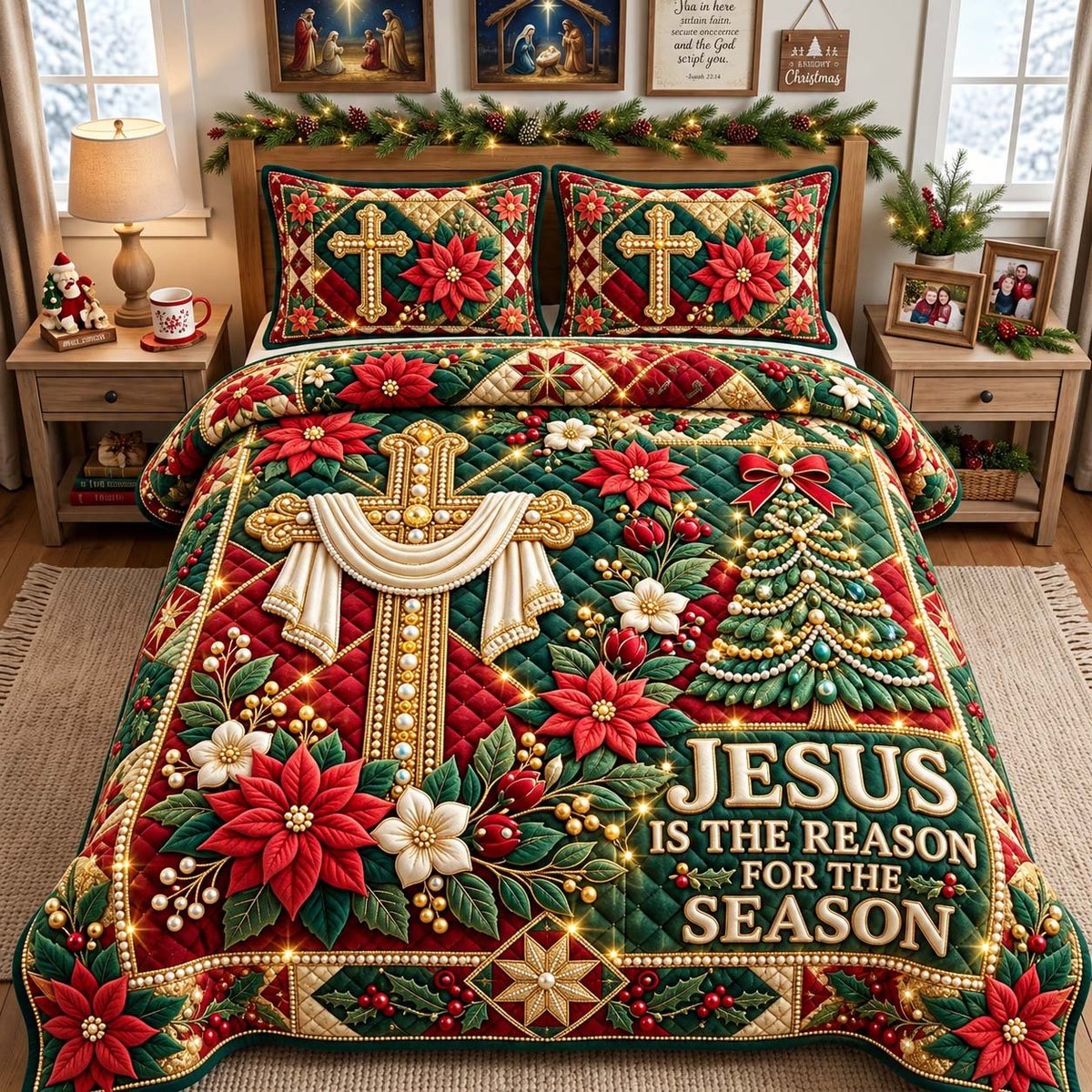 Jesus Poinsettia Cross 3 Piece Quilted Bedding Set Gift For Christians