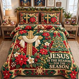 Jesus Poinsettia Cross 3 Piece Quilted Bedding Set Gift For Christians
