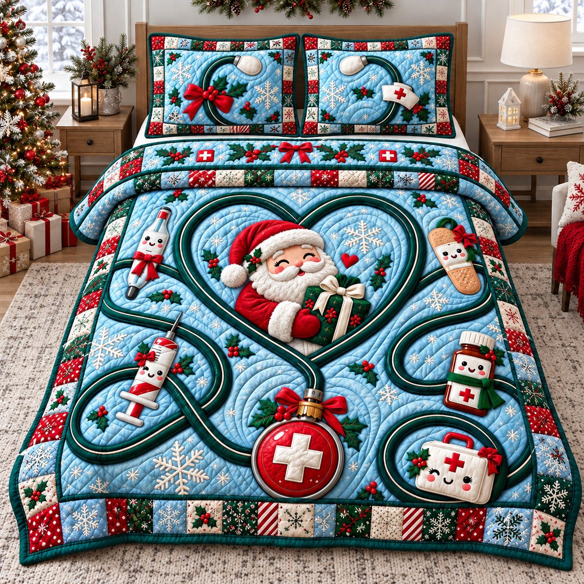 Santa Heartbeat 3 Piece Quilted Bedding Set Christmas Gift For Holiday Decor Lovers