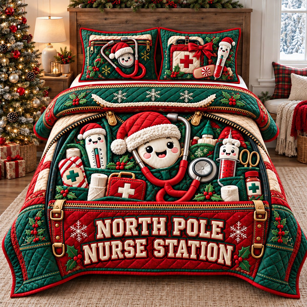 North Pole Nurse Station 3 Piece Quilted Bedding Set Christmas Gift For Holiday Decor Lovers