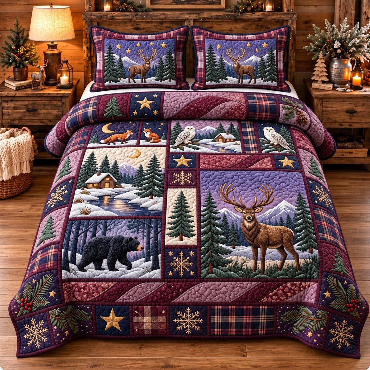Midnight Forest Patchwork 3 Piece Quilted Bedding Set Gift For Nature Lovers