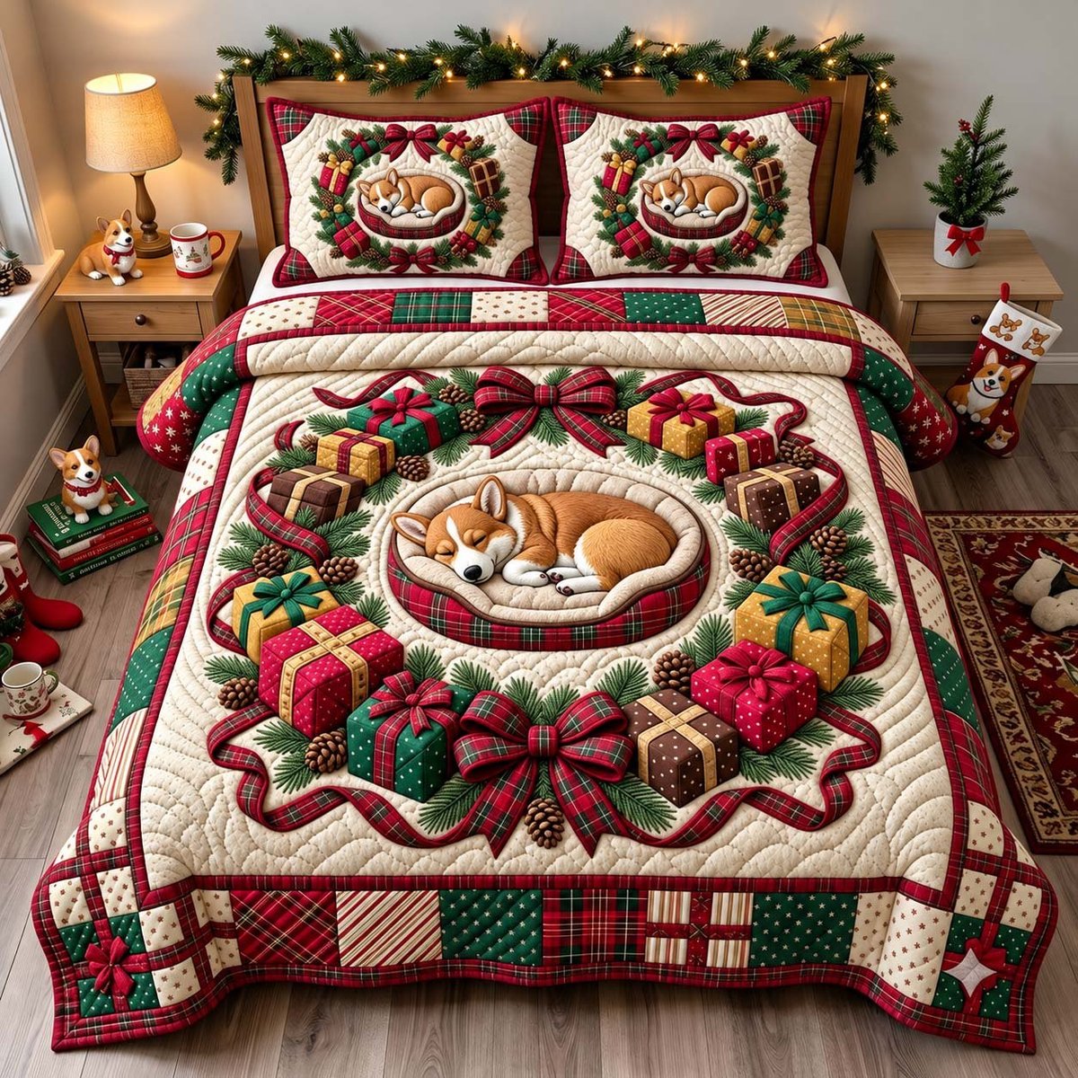 Sleeping Corgi Wreath 3 Piece Quilted Bedding Set Gift For Dog Lovers