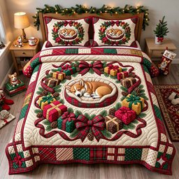 Sleeping Corgi Wreath 3 Piece Quilted Bedding Set Gift For Dog Lovers