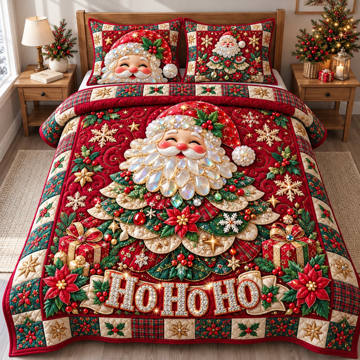 Santa Claus Delights 3 Piece Quilted Bedding Set Christmas Gift For Holiday Decor Lovers