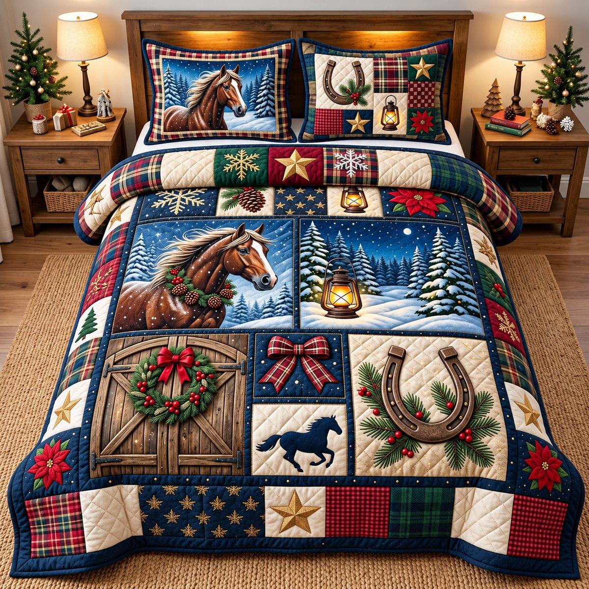 Snowy Horse 3 Piece Quilted Bedding Set Gift For Horse Lovers