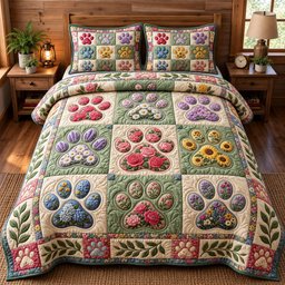 Paw Print Cat 3 Piece Quilted Bedding Set Gift For Dog Lovers