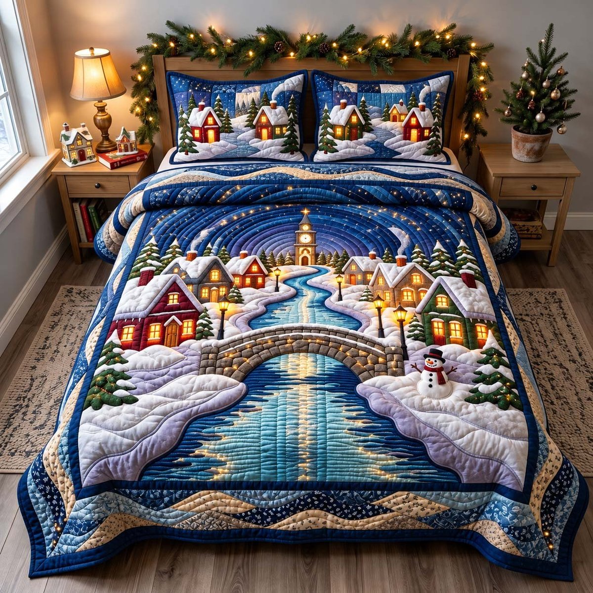 Midnight Winter Village 3 Piece Quilted Bedding Set Christmas Gift For Holiday Decor Lovers