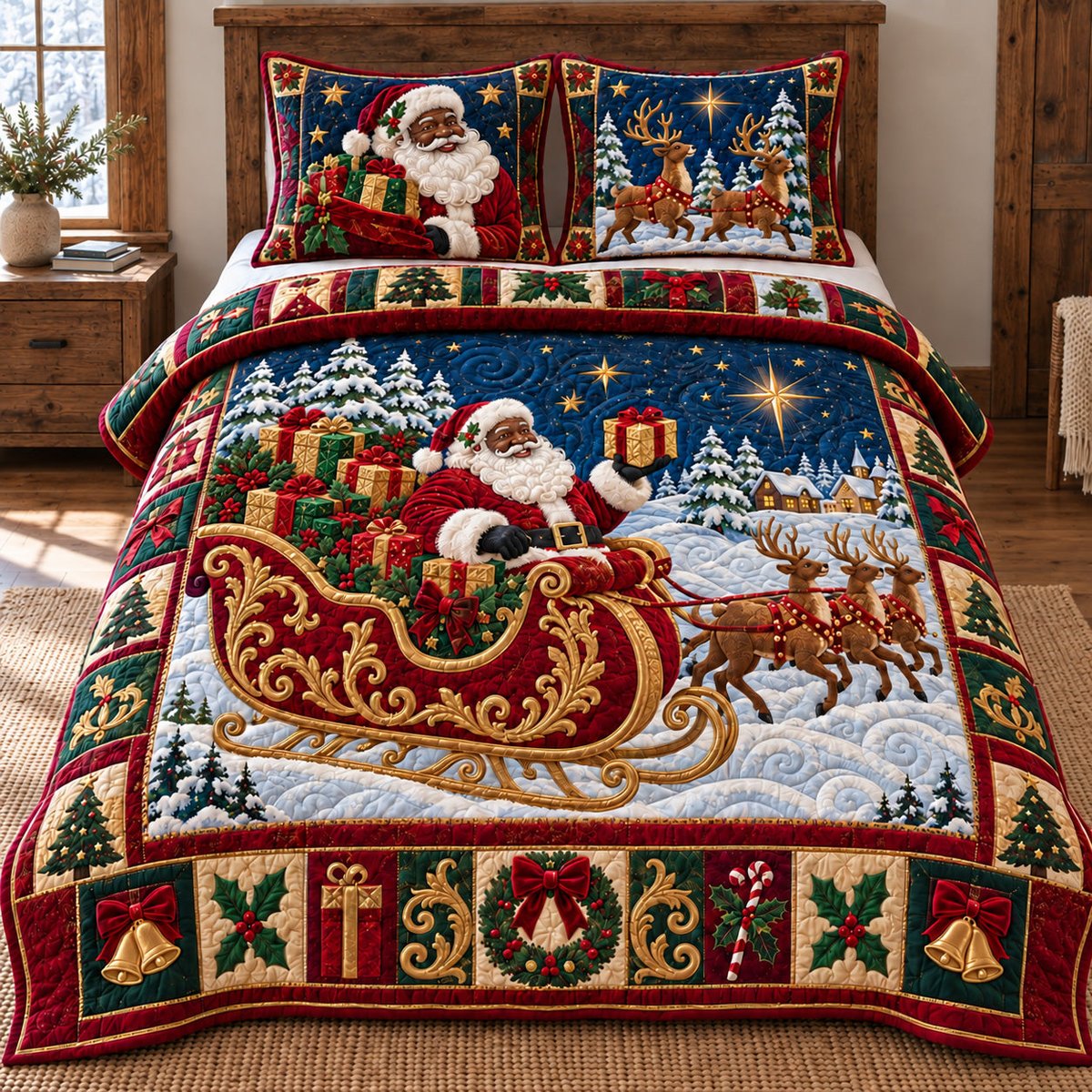 Santa Sleigh Ride 3 Piece Quilted Bedding Set Christmas Gift For Holiday Decor Lovers