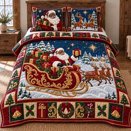 Santa Sleigh Ride 3 Piece Quilted Bedding Set Christmas Gift For Holiday Decor Lovers