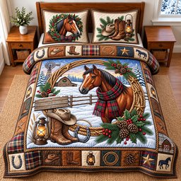 Snowy Horse 3 Piece Quilted Bedding Set Gift For Horse Lovers