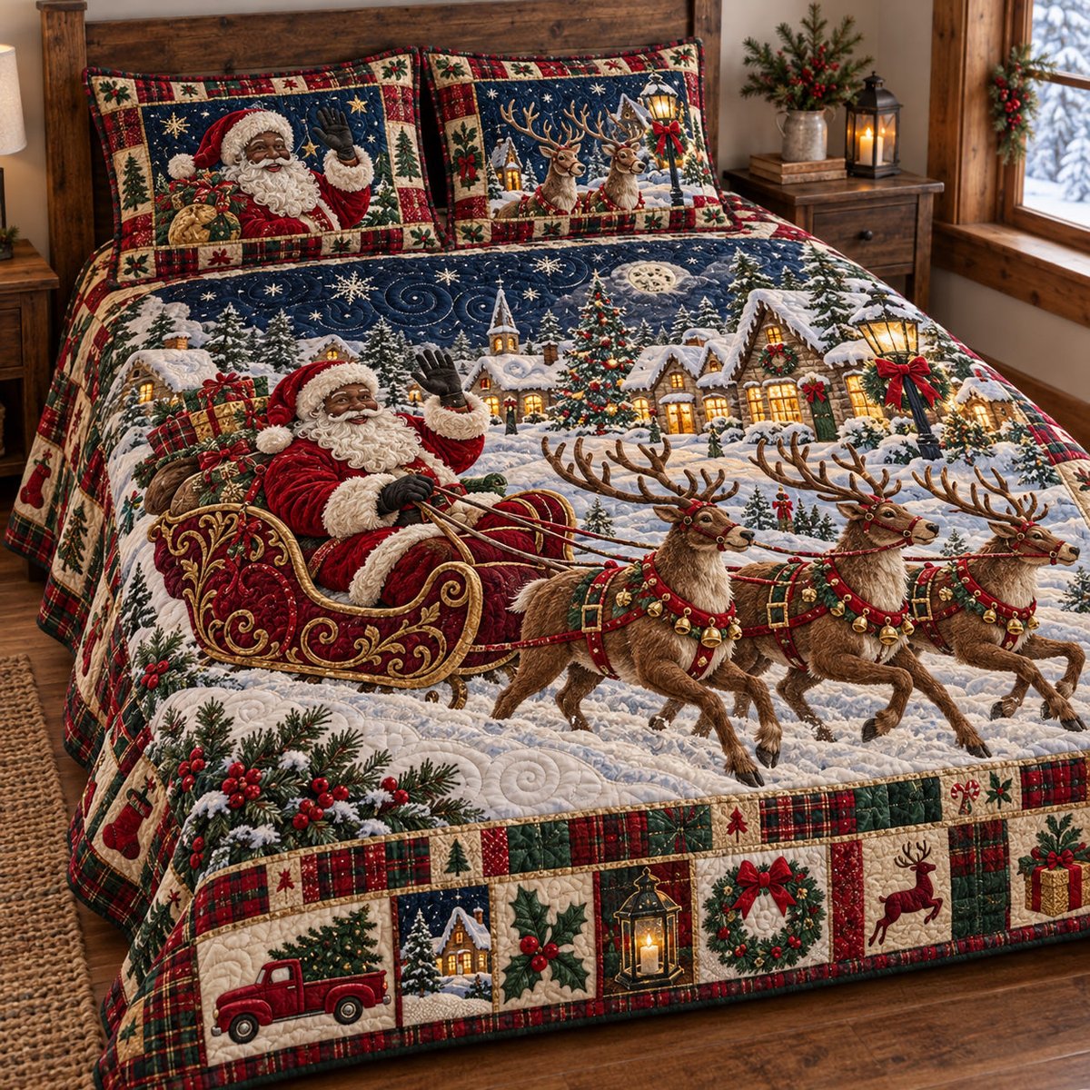 Snowy Village Santa 3 Piece Quilted Bedding Set Christmas Gift For Holiday Decor Lovers
