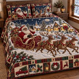 Snowy Village Santa 3 Piece Quilted Bedding Set Christmas Gift For Holiday Decor Lovers