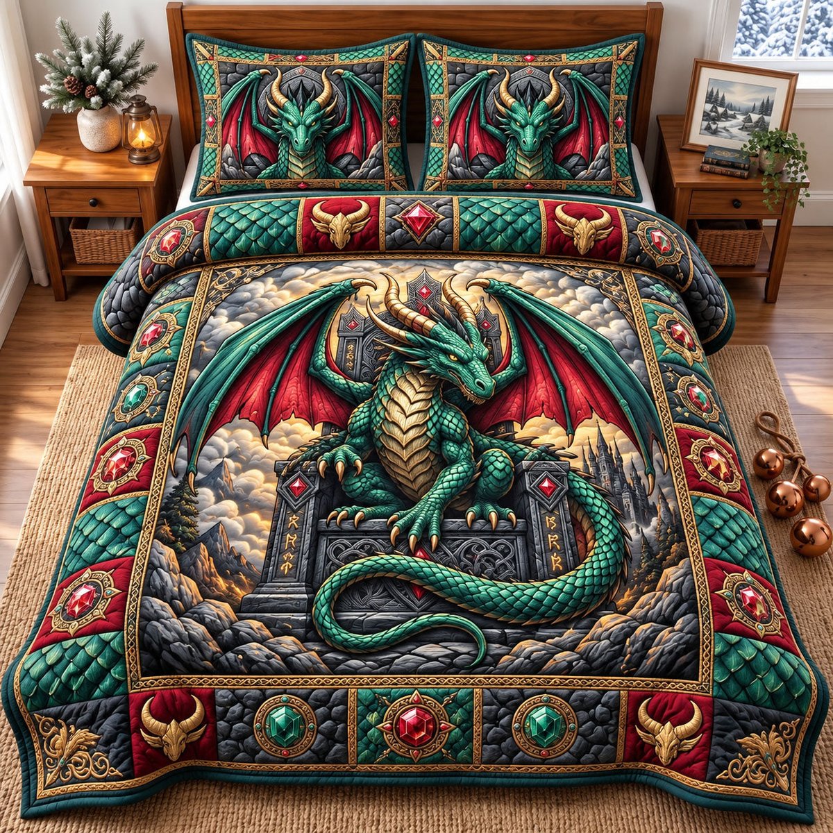 Mystic Dragon 3 Piece Quilted Bedding Set Gift For Fantasy Lovers