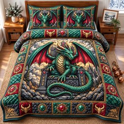 Mystic Dragon 3 Piece Quilted Bedding Set Gift For Fantasy Lovers