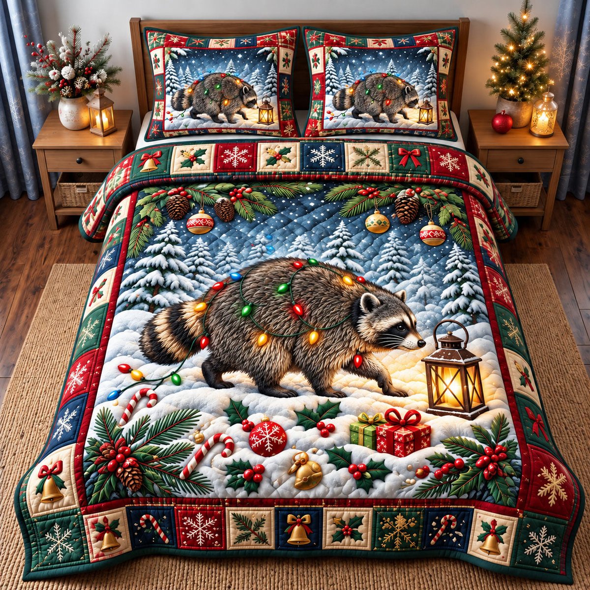 Funny Raccoon 3 Piece Quilted Bedding Set Gift For Nature Lovers