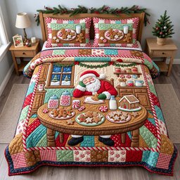 Santa Cookie Break 3 Piece Quilted Bedding Set Christmas Gift For Holiday Decor Lovers