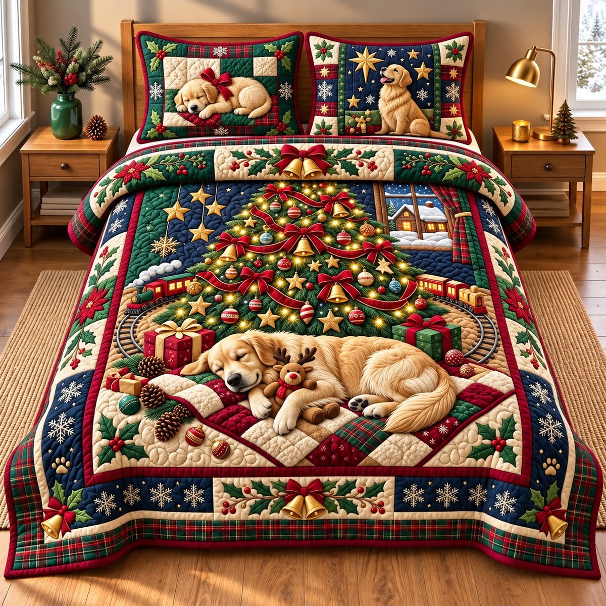 Holiday Golden 3 Piece Quilted Bedding Set Gift For Dog Lovers