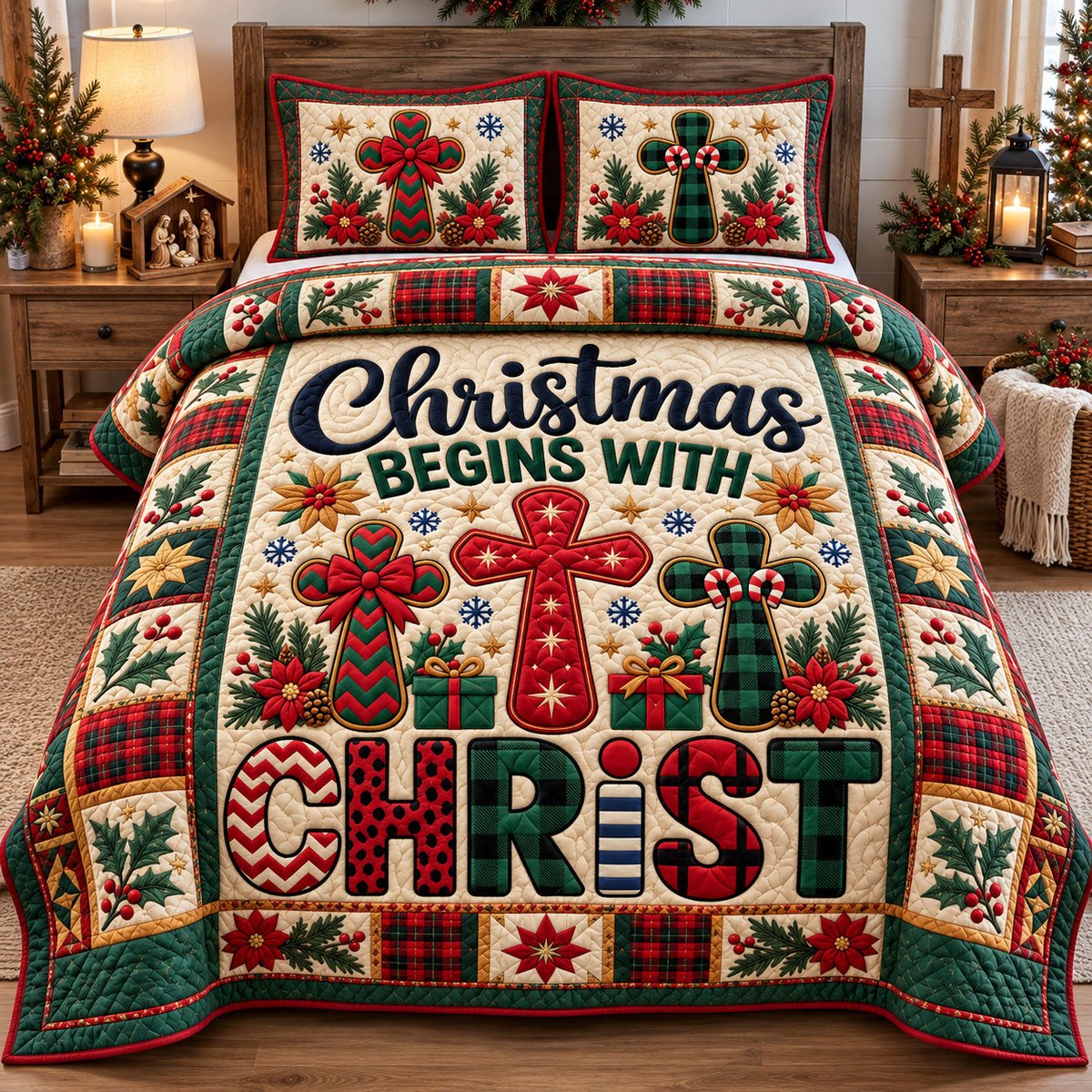 Begins with Christ 3 Piece Quilted Bedding Set Christmas Gift For Holiday Decor Lovers