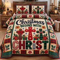 Begins with Christ 3 Piece Quilted Bedding Set Christmas Gift For Holiday Decor Lovers