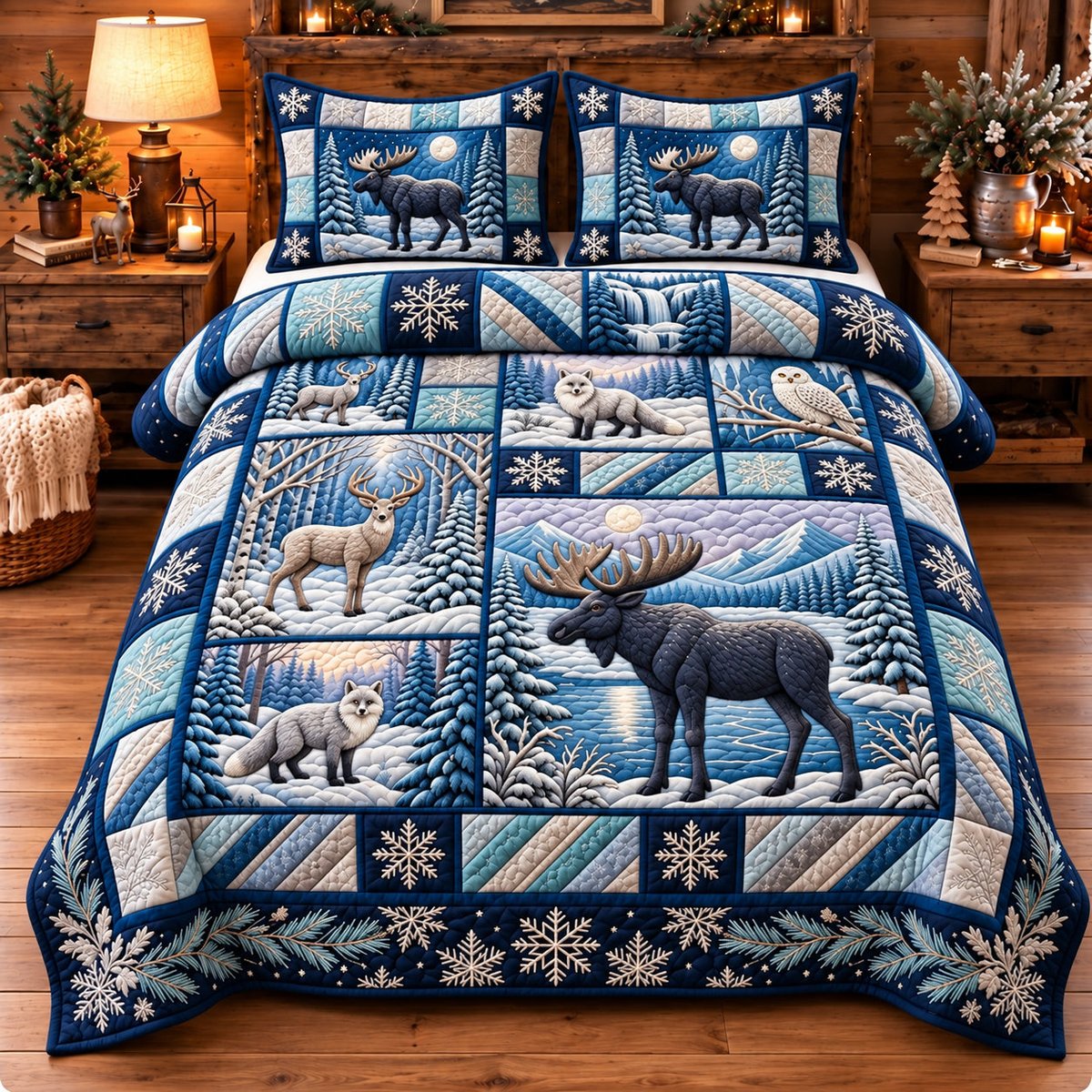 Winter Forest Patchwork 3 Piece Quilted Bedding Set Gift For Nature Lovers