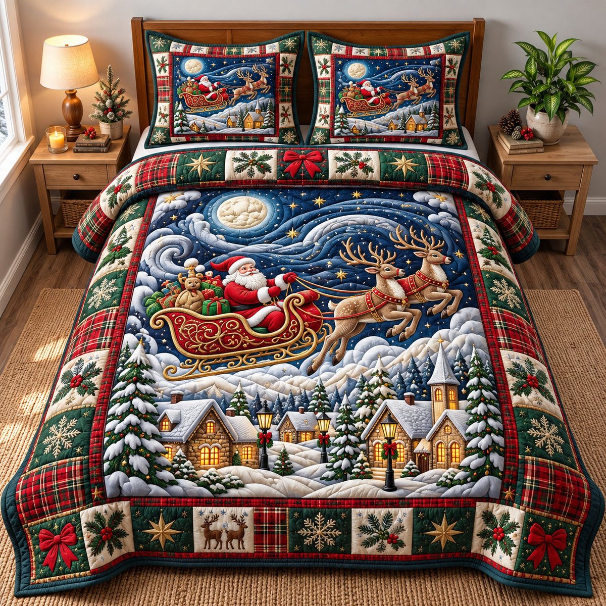 Santa Claus 3 Piece Quilted Bedding Set Christmas Gift For Holiday Decor Lovers
