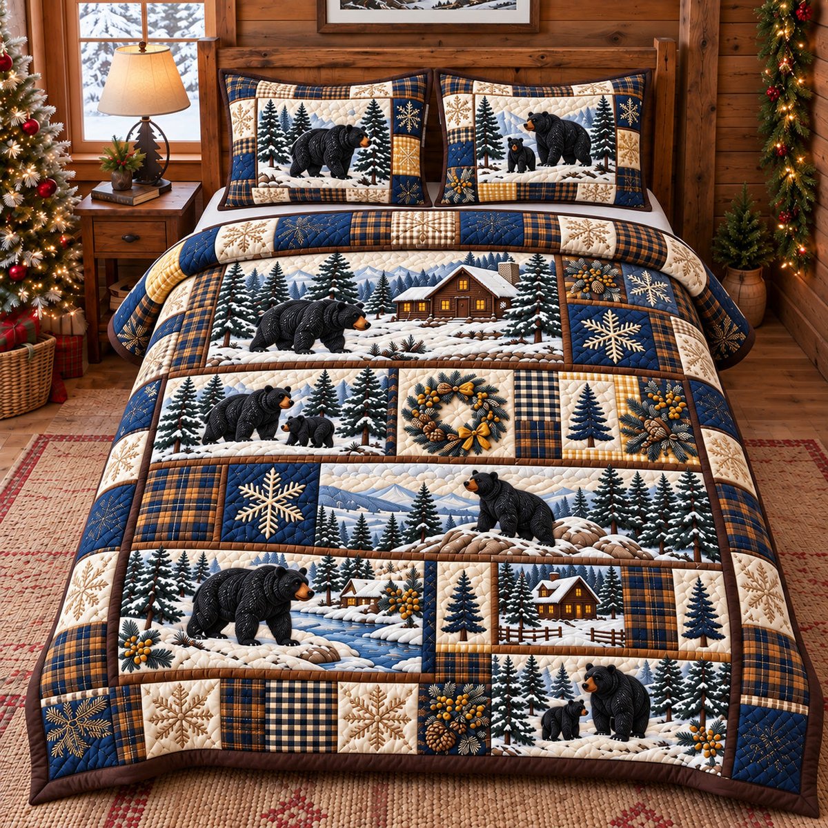 Forest Black Bear Patchwork 3 Piece Quilted Bedding Set Gift For Bear Lovers