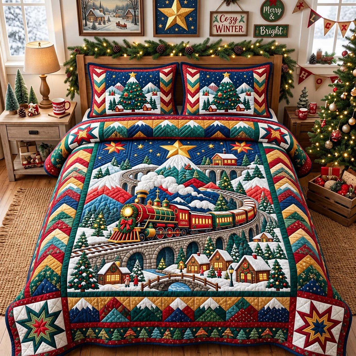 Mountain Railway 3 Piece Quilted Bedding Set Christmas Gift For Nature Lovers