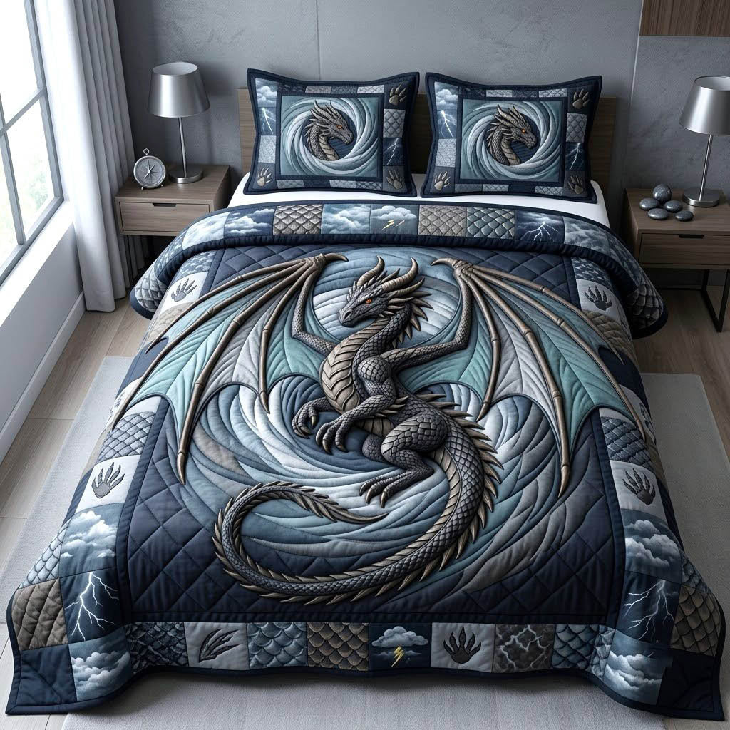 Mystic Dragon 3 Piece Quilted Bedding Set Gift For Fantasy Lovers