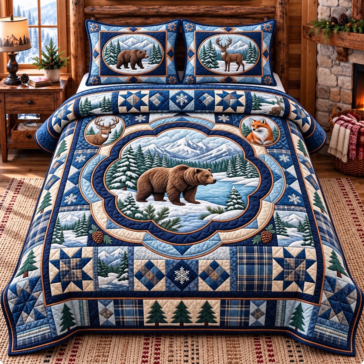 Winter Forest Patchwork 3 Piece Quilted Bedding Set Gift For Nature Lovers