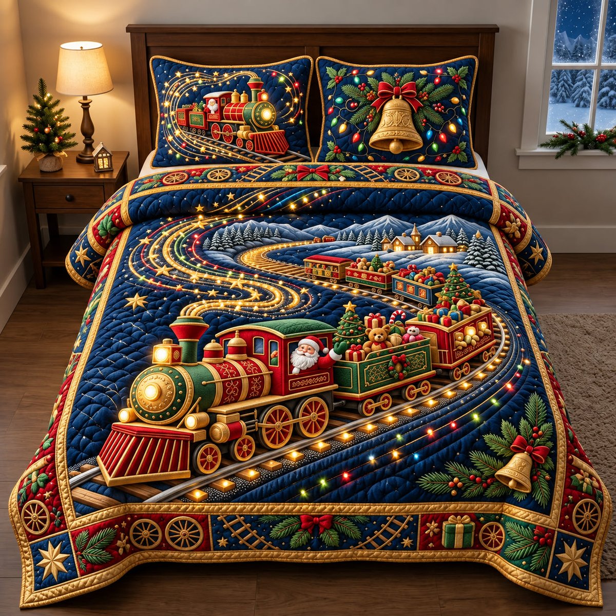 Toy Train Light 3 Piece Quilted Bedding Set Gift For Nature Lovers