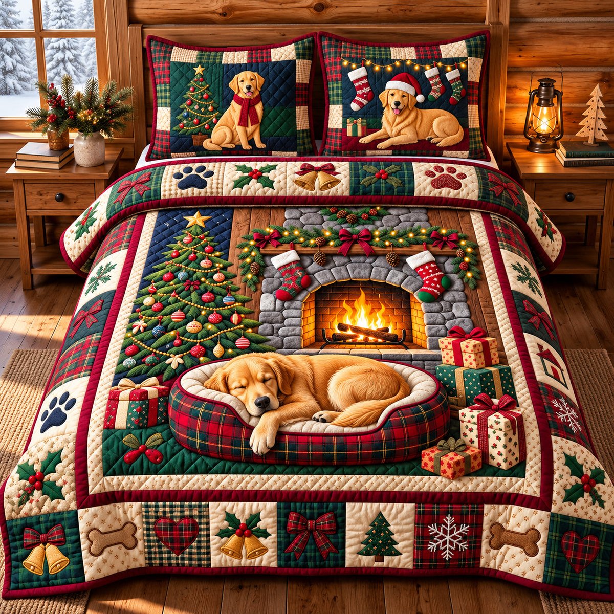 Golden 3 Piece Quilted Bedding Set Christmas Gift For Holiday Decor Lovers